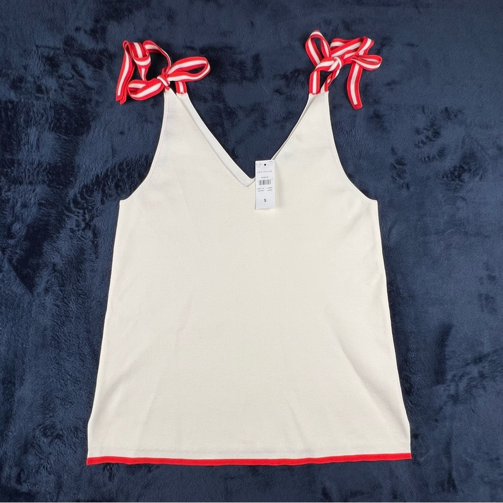 Ann Taylor Sweater Tank Top Shell Small White Sleeveless Red Trim Tie Shoulder
